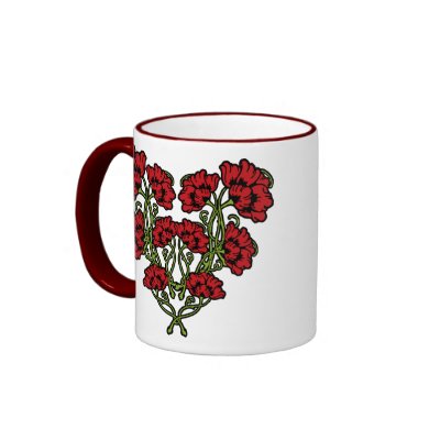 Art Nouveau Flower Heart Red Mugs by opheliasart