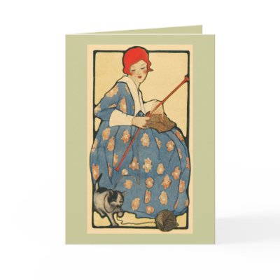 Art Nouveau -Girl knitting with her cat Greeting Card by MyOtherPlanet