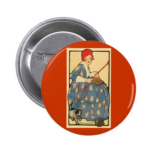 Art Nouveau -Girl knitting with her cat Pin
