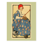 Art Nouveau -Girl knitting with her cat Post Card