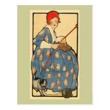 Art Nouveau -Girl knitting with her cat Post Card