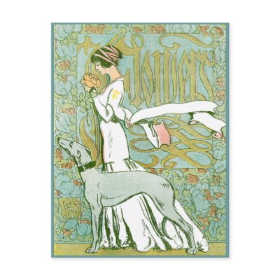 Art Nouveau Greyhound and Lady with Flower Post Card by pinkalmond