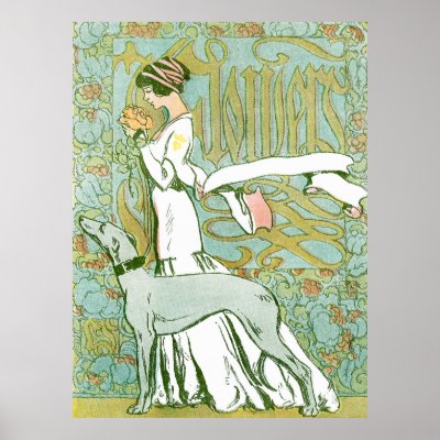 Art Nouveau Greyhound and Lady with Flower Print by pinkalmond