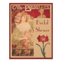 Art Nouveau Red Amaryllis & Lady Bridal Shower Custom Invite