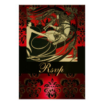 ART NOUVEAU RED BLACK GOLD DAMASK RSVP ,ruby Invitation