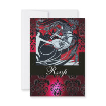 ART NOUVEAU RED BLACK WHITE DAMASK RSVP ,ruby Invitation