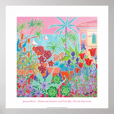 Art Poster: Patchwork Flowers & Pink Sky