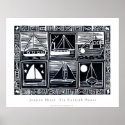 Art Poster: Six Cornish Boats. Lino Cut Image posters
