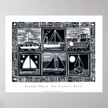 Art Poster: Six Cornish Boats. Lino Cut Image posters
