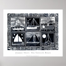 Art Poster: Six Cornish Boats. Lino Cut Image