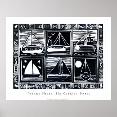 Art Poster: Six Cornish Boats. Lino Cut Image by johndyergallery