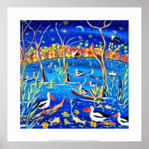 Art Print: Banrock Station Pelicans, Gums, Moon