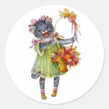 Arthur Theile Kitty Cat with Flower Basket Round Stickers