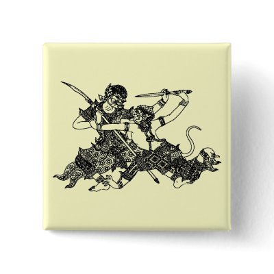ASIAN ART GODS FIGHTING SWORDS PINBACK BUTTON by saythany