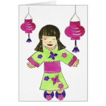 Asian Girl and Paper Lanterns Greeting Card