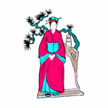 Asian lady with bonsai tree behind her photo sculpture