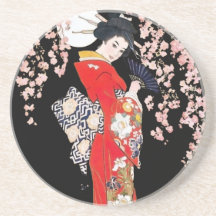Asian Woman with Cherry Blossom Night Beverage Coaster