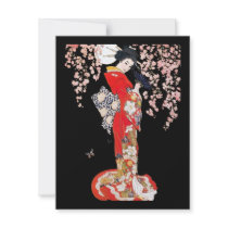 Asian Woman with Cherry Blossom Night Custom Invitations
