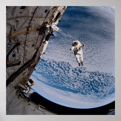 Astronaut conducting spacewalk above Discovery Poster by Mission_Space