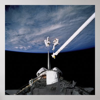 Astronauts conduct spacewalk above Discovery Poster by Mission_Space