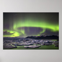 Aurora over a glacial lagoon posters