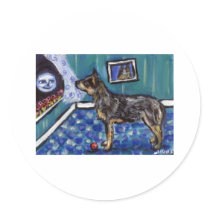 Australian Cattle dog sees smiling moon Round Stickers