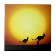 Australian Kangaroos Silhouetted Against A Sunset. Tiles