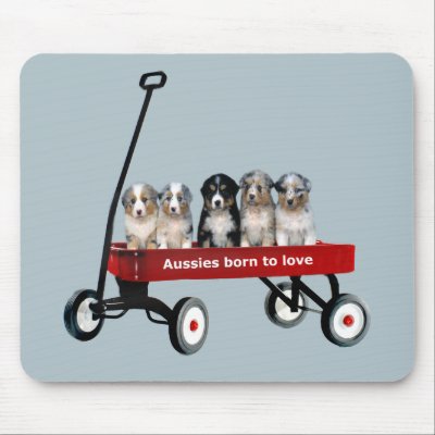 Australian Shepherd Pups In Wagon Mousepad by normagolden