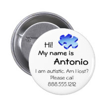 Autism Awareness Button with your name and phone