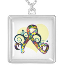 Autism Support Floral Heart Ribbon Necklaces