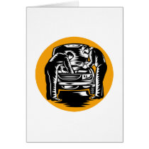 Automotive mechanic working on car repair retro card