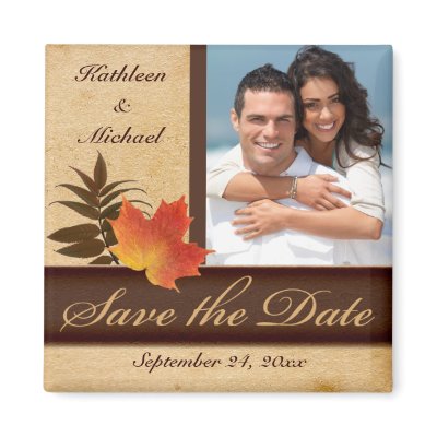 Autumn Leaves on Aged Paper Photo Save the Date Fridge Magnet by NiteOwlStudio