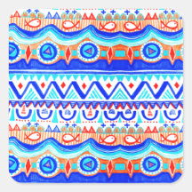 Aztec Colourful Blue Orange And White Pattern Square Stickers