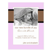 Baby Birth Announcement Chocolate Brown and Pink Postcard