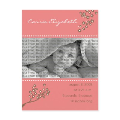Baby Birth Announcement Pink Branch Design by BeezKneez