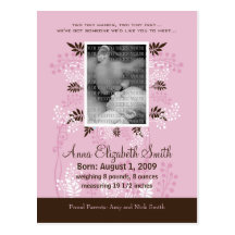 Baby Birth Announcement Pink with Cocoa Fern Postcards