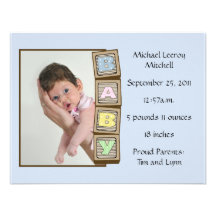 Baby Blocks Birth - Blue Personalised Invite