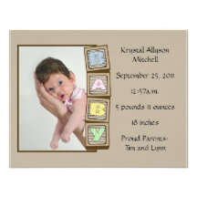 Baby Blocks Birth - Brown Custom Invitation