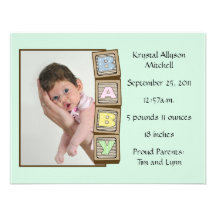 Baby Blocks Birth - Green Custom Invite