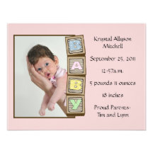 Baby Blocks Birth - Pink Custom Announcement