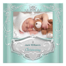Baby Boy Christening Baptism Mint Silver Cross Invitation