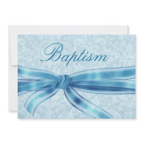 Baby Boy Christening Blue Damask Linen Paper Personalized Invitation