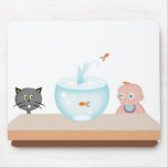 Baby boy with its pets, the cat and the fish mousepads