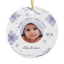 Baby Boy's First Christmas Snowflake Photo Ornamen