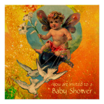 BABY FAIRY WITH DOVES IN SPARKLES Gold Yellow Invite