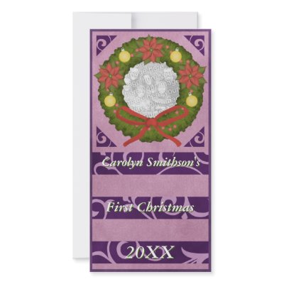 Baby First Christmas Wreath Purple Photo Greeting Card by OrangeBirdDesigns