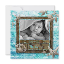 Baby Girl Beach Announcement Starfish Shells Blue