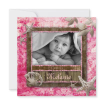 Baby Girl Beach Announcement Starfish Shells Pink