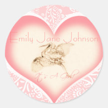 Baby Girl Stickers with vintage Stork