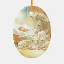 Baby Jesus Nativity with Lambs and Donkey Christmas Tree Ornaments
